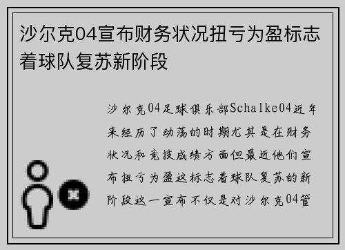 沙尔克04宣布财务状况扭亏为盈标志着球队复苏新阶段